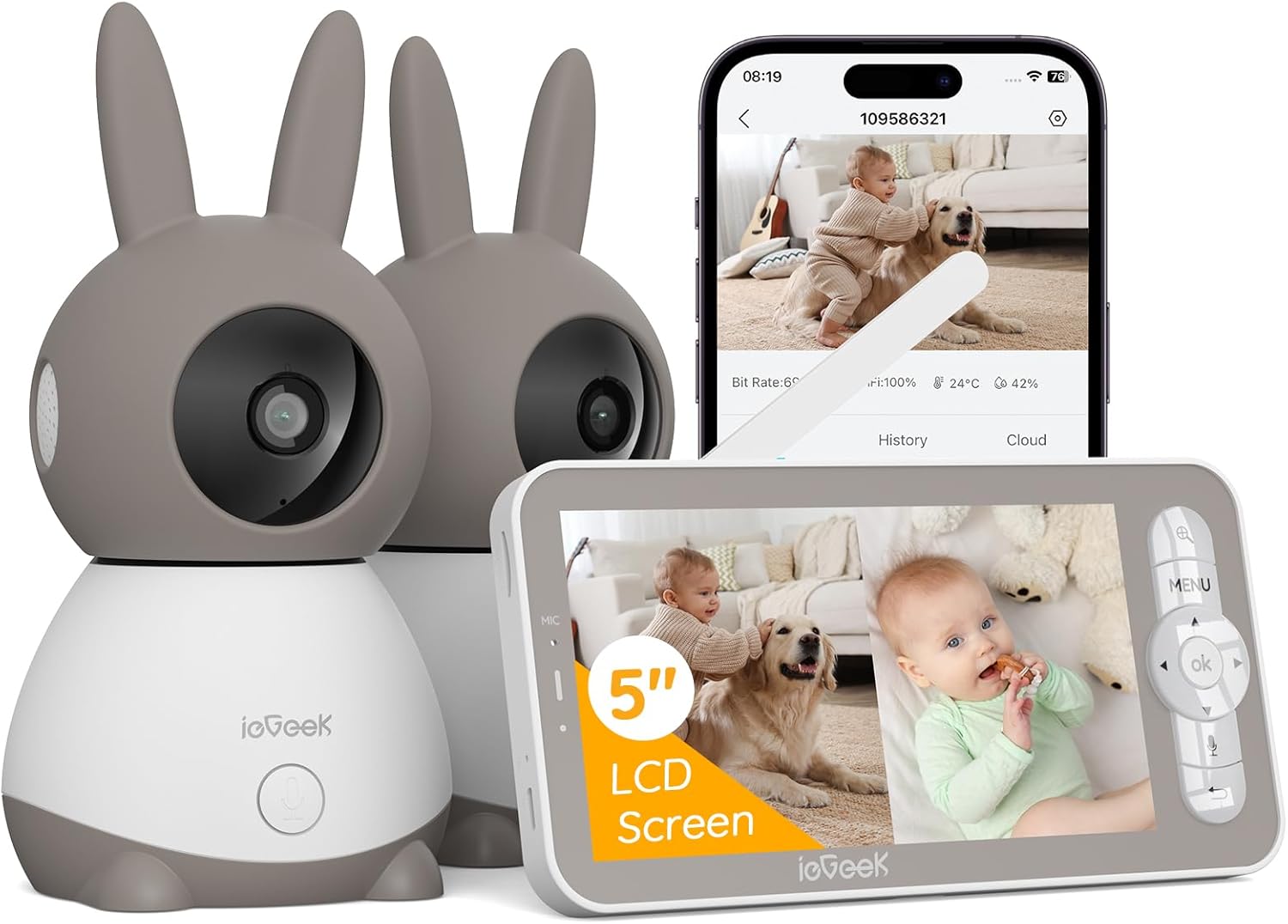 ieGeek Baby Monitor 2K with 5" Screen + 2 PTZ 360° Cameras